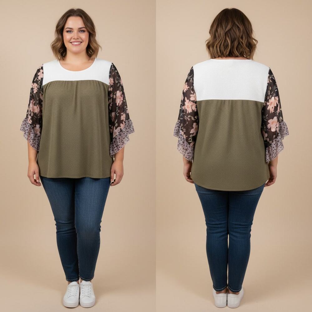 1295 - Beautiful Boho Blouse - Waffle knit - Shear Sleeves - XL